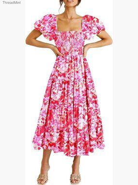 Summer Midi Dress with Puffy Sleeves Square Neck Smocked Tiered Ruffle